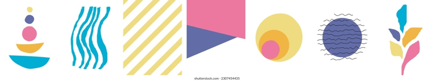collection of modern simple minimalistic bright abstractions with geometric shapes (drawn by hand and smooth) on a white background