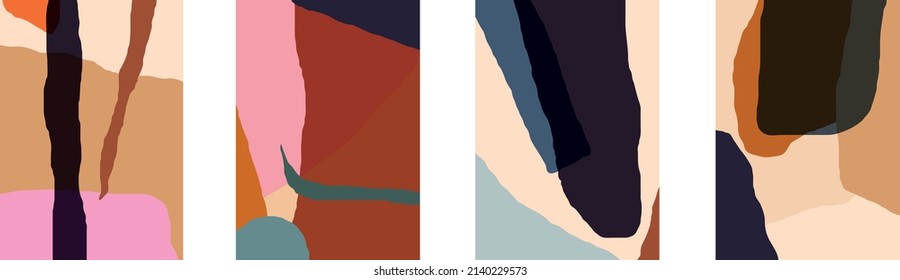 Collection of modern simple minimalistic grunge style abstraction with colorful hand drawn geometric shapes on beige background