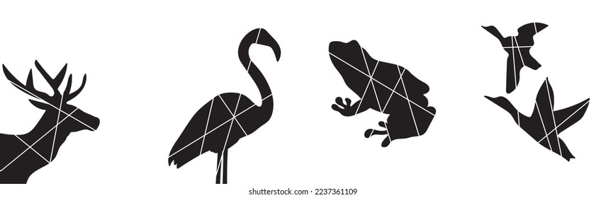collection of modern simple minimalistic illustrations: silhouettes of wild animals (deer, flamingo, ducks, frog) with white lines on the background