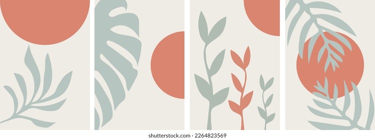 collection of modern simple minimalistic posters with color silhouettes of plants (monstera) and palm trees with geometric shapes (red circles) on a beige background in pastel shades