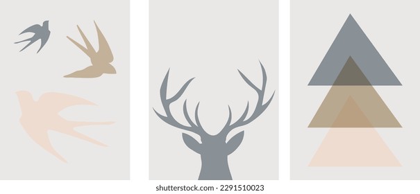 collection of modern simple minimalistic posters of abstractions: silhouettes of deer and flying birds with geometric shapes (triangles) on a color background