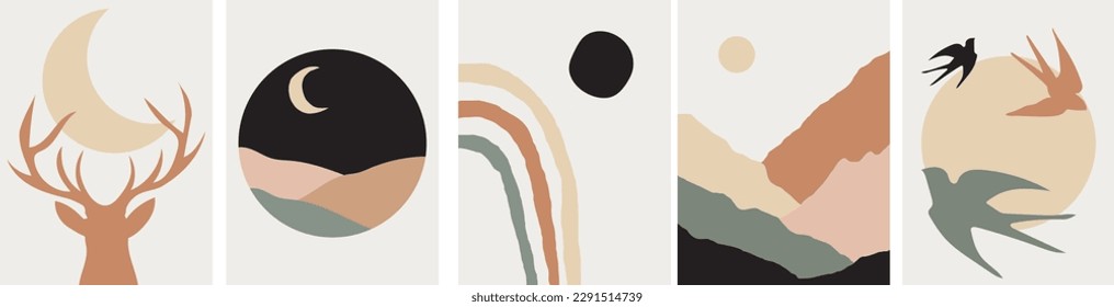 collection of modern simple minimalistic posters of abstractions: silhouettes of a deer and flying birds with geometric shapes and landscapes (sun, moon, mountains) on a color background