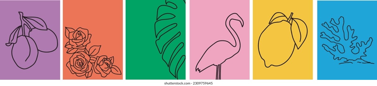 colección de modernos y sencillos afiches minimalistas con siluetas: flamingo, monstera, rosas, ciruela, limón y coral sobre un fondo de color