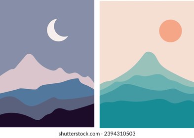 Collection of modern simple minimalistic posters - mountain landscapes in boho style (night and day) on a colored background