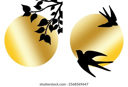 A collection of modern, simple, minimalistic posters with a golden sun, a silhouette of a branch with leaves and swallow birds on a white background