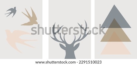collection of modern simple minimalistic posters of abstractions: silhouettes of deer and flying birds with geometric shapes (triangles) on a color background