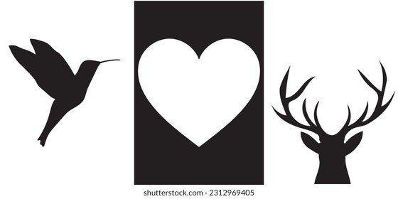 Colección de modernas y simples siluetas minimalistas de ciervo, colibrí y corazón en colores monocromo blanco y negro sobre fondo