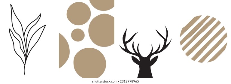 Collection of modern simple minimalistic silhouettes of a deer, a plant and beige geometric shapes (circles) on a white background