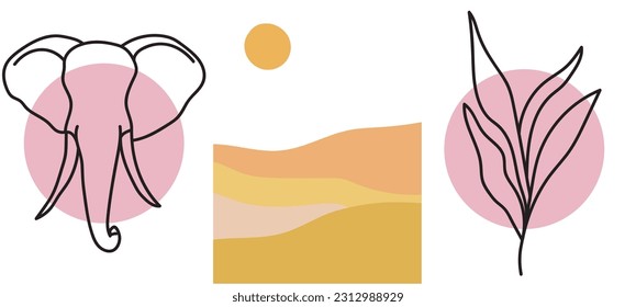 Colección de simples y modernas siluetas minimalistas de un elefante, una planta y un paisaje de estilo boho sobre un fondo blanco