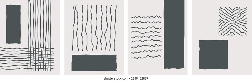 colección de abstractos monocromáticos modernos y sencillos con formas geométricas grises y rayas (dibujadas a mano) sobre el fondo