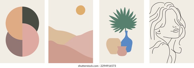 collection of modern simple posters: abstractions with colored geometric shapes, minimalistic landscape, palm leaf in vases, linear portrait of a woman on a beige background