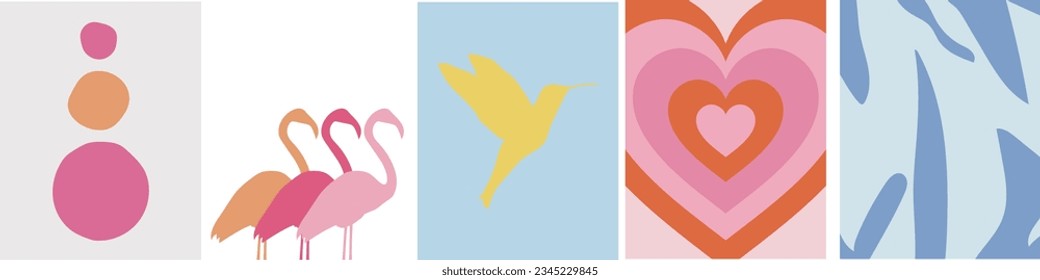 colección de modernos y simples afiches de abstracciones: corazón, colibrí, flamingo, formas geométricas (círculos y rayas) sobre un fondo de color