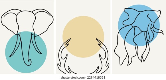 Colección de afiches modernos y sencillos con siluetas lineales de animales: elefante, cuernos de ciervo, peces con formas geométricas de color (círculos) en el fondo