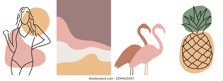 Collection of modern simple posters with a linear silhouette of a woman in a swimsuit, a framingo, an abstract landscape and a pineapple with geometric shapes on a colored background