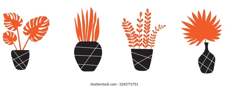 colección de afiches modernos y sencillos con plantas rojas y macetas negras sobre fondo blanco