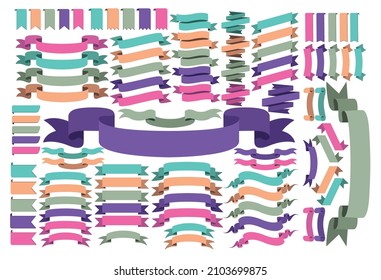 Collection of modern simple ribbons and flags. Big ribbon set for all design in 2022 colour trend. Vector illustration different shaped ribbons, banners. 