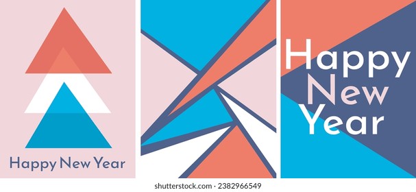 collection of modern simple vector: happy new year. Geometric shapes (triangles) in the form of a Christmas tree in bright colors on the background