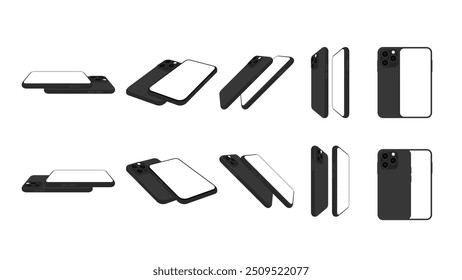 Collection of Modern Smartphones with Blank Screens. Vector Illustrations for Mockups and Design Projects. Realistic Devices in Various Angles.