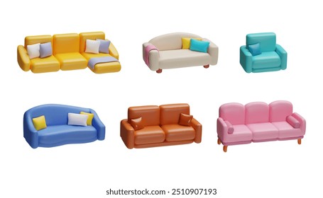 Collection of modern sofas. 3D vector illustrations of upholstered furniture with decorative pillows for cozy interiors, displayed on a white isolated background. background.