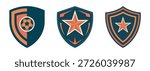 A collection of modern sport emblems and shield designs with soccer balls and star icons.