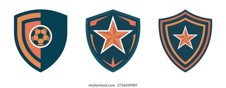 Una colección de emblemas deportivos modernos y diseños de escudos con pelotas de fútbol e íconos de estrellas.