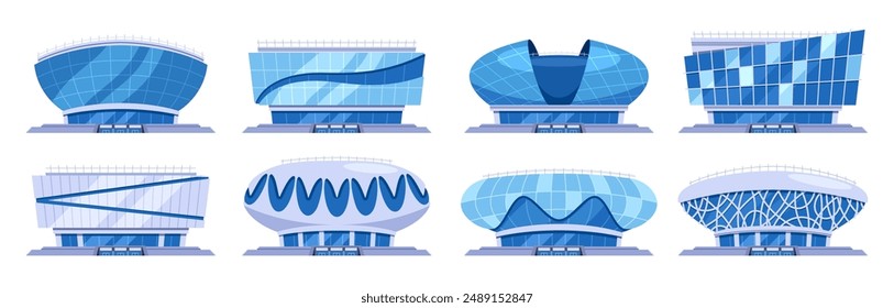 Collection Of Modern Stadium Buildings With Unique Architectural Designs. Sport Arenas, Innovative Building Architecture