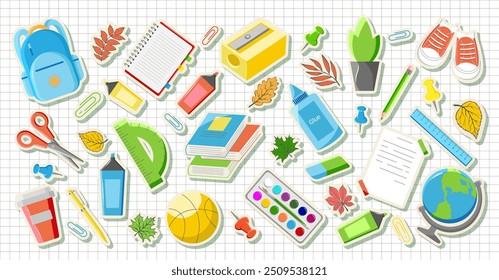 Collection Modern Stickers Supplies for kids on Squared noteb. Set trendy school elements. Cartoon education stickers. Back to School Icons, Book, Pencil, Backpack, Globe, Ruler, Scissors, Sneakers. 