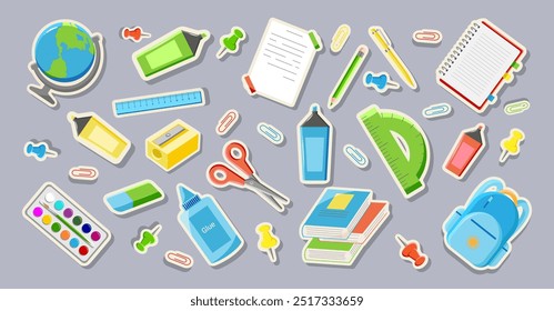 Collection Modern Stickers Supplies for kids. Set of trendy school Icons.  Cute Education stickers. Back to School elements, book, pencil, pen, backpack, globe, ruler, scissors, paints, glue. 