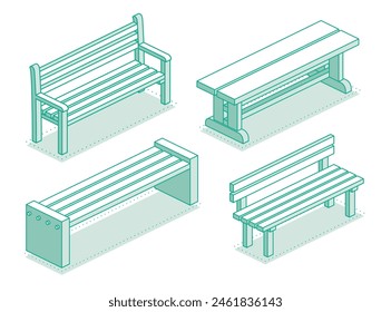 Collection of modern street benches. Vector illustration. Isometric outline objects isolated on clean white background. Perfect for representing public spaces, urban planning, and modern architecture.