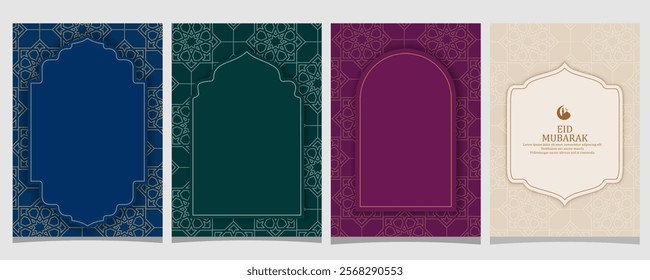 Collection of modern style Eid Al-Fitr Mubarak Ramadan Mubarak greeting cards with Windows and arches, Islamic Style Greeting Background  with Arabic Ornaments.