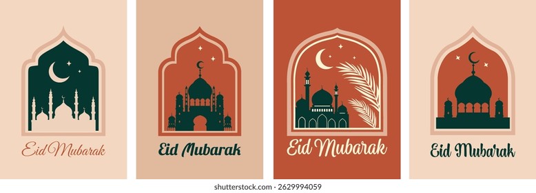 Collection of modern style Ramadan eid Mubarak greeting cards with retro Boho design. Windows and arches with moon, mosque dome and lanterns