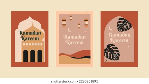 Collection of modern style Ramadan Kareem greeting cards with retro boho design, moon, mosque dome and lanterns