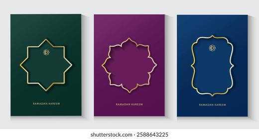 Collection of modern style Ramadan Kareem window and arches backgrounds. Modern Islamic greeting card template, Ramadan Kareem poster, holiday cover set. Islamic greeting card, banner template.