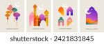 Collection of modern style Ramadan Mubarak colorful designs. Greeting cards, backgrounds. Windows and arches with moon, mosque dome and lanterns .Vector illustration