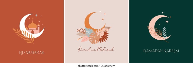 Collection of modern style Ramadan Mubarak greeting cards with retro boho design, praying hands, moon, mosque dome and lanterns 