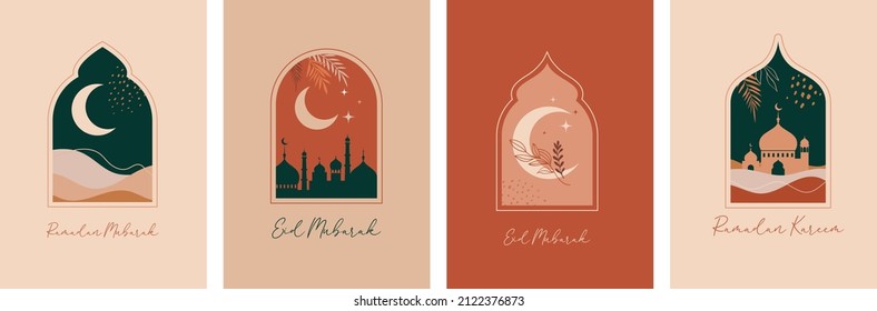 Collection of modern style Ramadan Mubarak greeting cards with retro boho design, moon, mosque dome and lanterns  - Shutterstock ID 2122376873