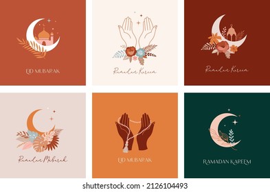 Collection of modern style Ramadan Mubarak greeting cards with retro boho design, praying hands, moon, mosque dome and lanterns 