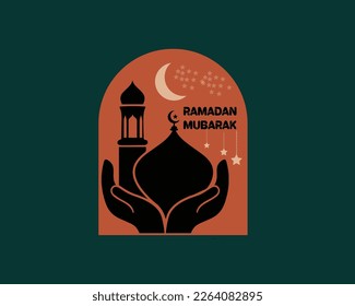Collection of Modern Style Ramadan Mubarak Greeting Cards with Retro Designs, Moon, Moscow Dome. Caravan of camels near Egypt pyramids landscape. Egyptian great pyramids in the desert on a background.