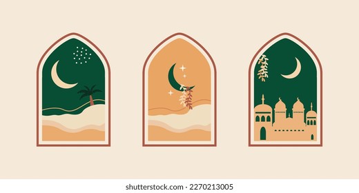 Collection of modern style ramadan mubarak or ramadan kareem greeting cards with retro boho aesthetic designs, crescent moon, mosque domes, lanterns and hanging leaves.