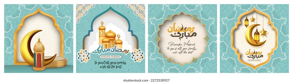 Collection of modern style Ramadan Mubarak greeting cards with Arabic calligraphy, moon, mosque dome, lanterns for wallpaper design. poster, social media post