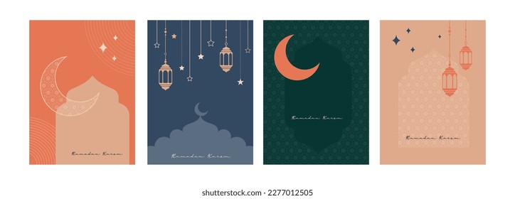 Collection of modern style Ramadan Mubarak and eid al fitr. Greeting cards with minimal boho design, moon, mosque dome and lanterns