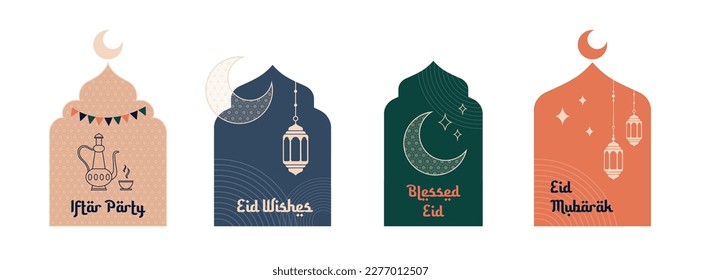 Sammlung des modernen Stil Ramadan Mubarak und eid al fitr. Grußkarten mit minimalem Boho-Design, Mond, Moschee-Kuppel und Laternen