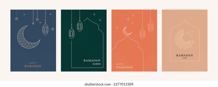 Collection of modern style Ramadan Mubarak and eid al fitr. Greeting cards with minimal boho design, moon, mosque dome and lanterns