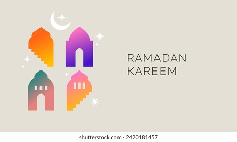 Collection of modern style Ramadan Mubarak colorful designs. Greeting card, background. Windows and arches with moon, mosque dome and lanterns . Vector illustration