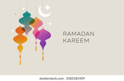 Collection of modern style Ramadan Mubarak colorful designs. Greeting card, background. Windows and arches with moon, mosque dome and lanterns . Vector illustration