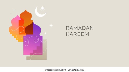 Colección de diseños coloridos de estilo moderno Ramadan Mubarak. Tarjeta de saludo, fondo. Ventanas y arcos con luna, cúpula de mezquita y linternas. Ilustración del vector