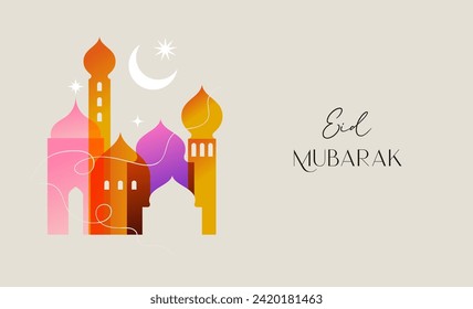 Colección de diseños coloridos de estilo moderno Ramadan Mubarak. Tarjeta de saludo, fondo. Ventanas y arcos con luna, cúpula de mezquita y linternas. Ilustración del vector