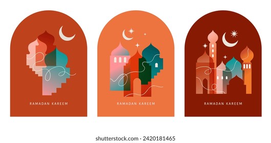 Collection of modern style Ramadan Mubarak colorful designs. Greeting card, background. Windows and arches with moon, mosque dome and lanterns . Vector illustration