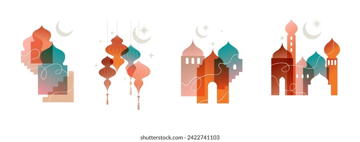 Kollektion von modernen Stil Ramadan Mubarak bunten Designs. Grußkarte, Hintergrund. Fenster und Bögen mit Mond, Moschee-Kuppel und Laternen . Vektorgrafik