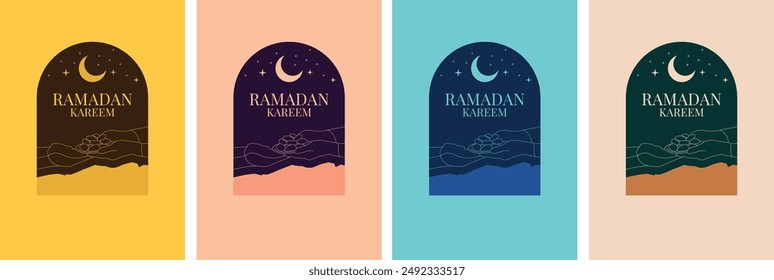 Collection of modern style Ramadan Mubarak greeting cards Windows and arches with moon, mosque dome and lanterns
